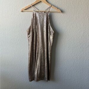 H By Halston Full Sequins Halter Mini Cocktail Rose Gold Dress Size 8